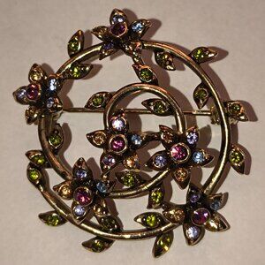 Vintage Monet Brooch Round Swirl Floral Gold Tone With Colorful Rhinestones   10